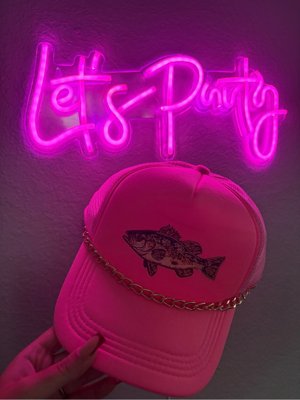 Neon Pink Fish Patch Trucker Hat with Gold Chain Accent